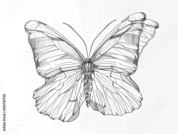 Fototapeta Continuous line butterfly art. Outline single art butterfly hand drawn sketch element on white background. Concept spring nature, fly. Vector Illustration