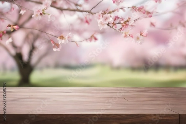 Fototapeta Empty wood table top with soft spring landscape blurred background
Generative AI