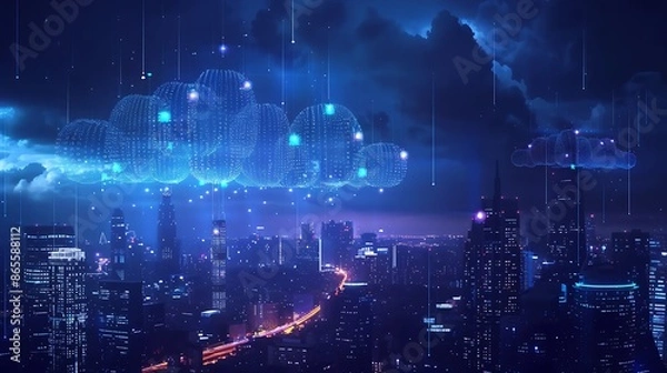 Fototapeta Cloud Computing Over a Night Cityscape