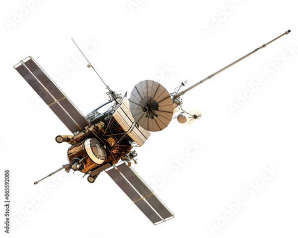 Fototapeta Satellite orbiting Earth, capturing data from space isolated on white background