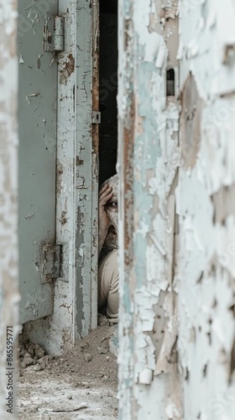Fototapeta Paranormal Hideaway: Person Hiding in Basement from Ghostly Activity, Realistic Side View with Copy Space