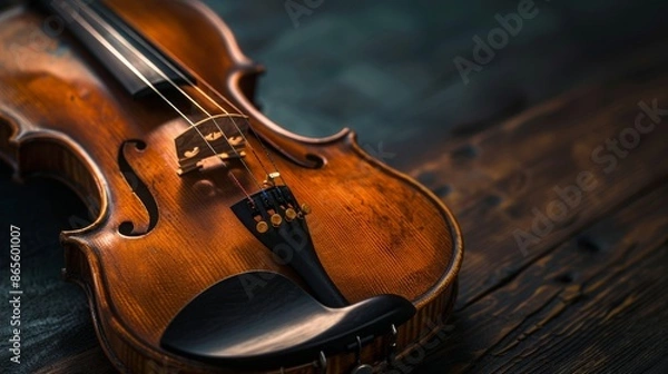 Fototapeta Close-up of a classical violin on a wooden table, detailed view. Musical instrument and craftsmanship concept