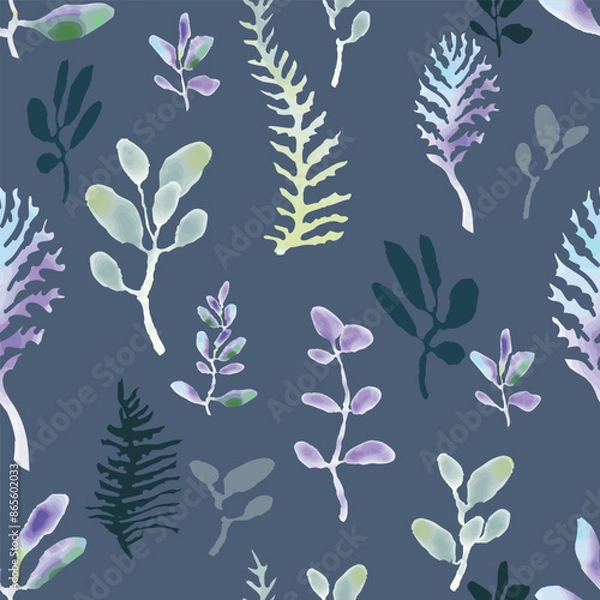 Obraz Vector blue, green, yellow and purple vertical watercolor leaves pattern on dark gray blue background. Scandinavian style.