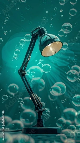 Fototapeta Desk lamp underwater surrounded by bubbles with rays of light. Imaginative and surreal concept