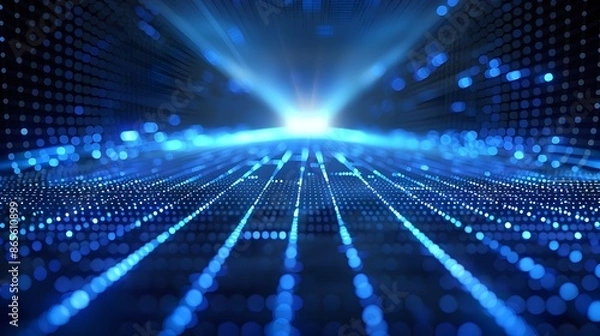Fototapeta Radiant Blue Digital Grid Perspective with Mesmerizing Luminous Rays