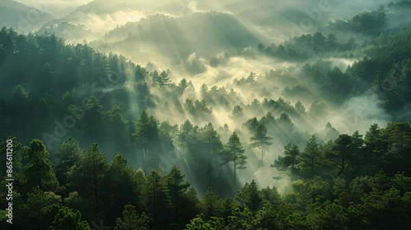 Fototapeta A foggy mountain valley with trees and a misty sky, creating a serene and ethereal landscape.