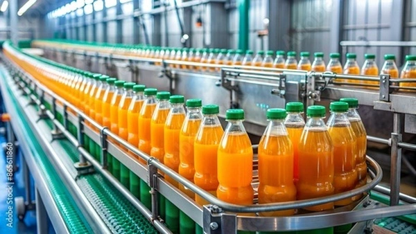Fototapeta Conveyor belt or line in beverage plant with modern automated industrial machine equipment. Plastic PET bottles with fresh organic juice in factory interior