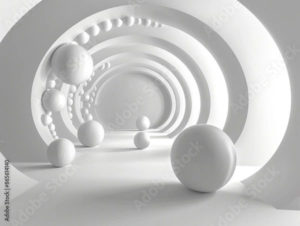Fototapeta White geometric spheres aligned within an abstract tunnel create a stunning wallpaper or potential best-seller