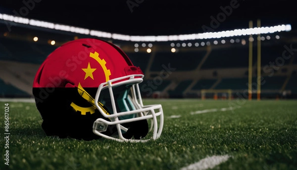 Obraz An American football helmet with the Angola flag design sits on a field at night, under stadium lights