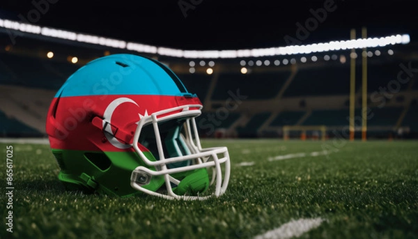 Fototapeta An American football helmet with the Azerbaijan flag design sits on a field at night, under stadium lights