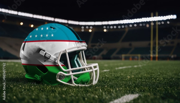 Fototapeta An American football helmet with the Uzbekistan flag design sits on a field at night, under stadium lights