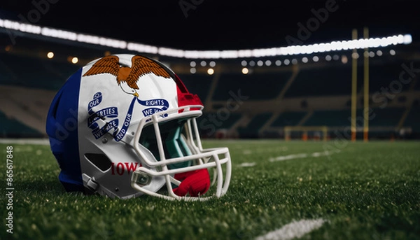 Fototapeta An American football helmet with the Iowa flag design sits on a field at night, under stadium lights