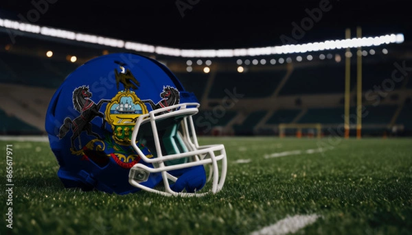 Fototapeta An American football helmet with the Pennsylvania flag design sits on a field at night, under stadium lights