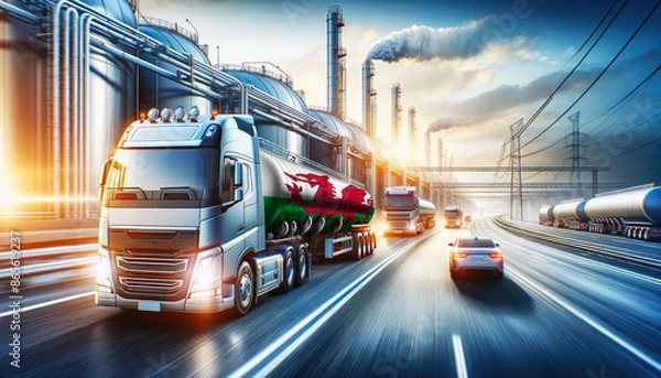 Fototapeta Modern tanker trucks, one showcasing the Wales flag, journey from a refinery, signifying fuel distribution.
