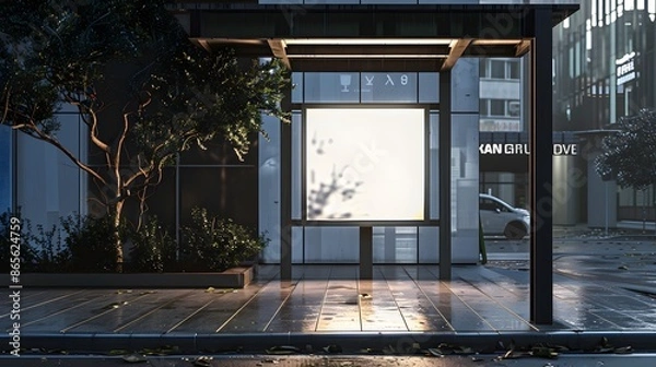 Fototapeta Empty illuminated bus stop advertisement mockup at night, wet sidewalk, city street. Concept for advertising, marketing, urban, commute