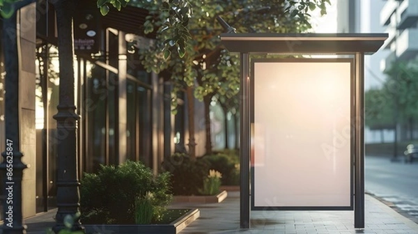 Fototapeta Empty billboard at a bus stop on a city street at dawn. Mock up for advertising and marketing campaigns.