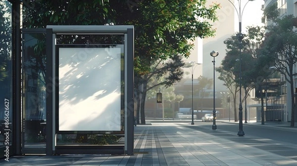 Fototapeta Blank billboard mockup at a bus stop in a modern city. Perfect for advertising campaigns and brand promotion.