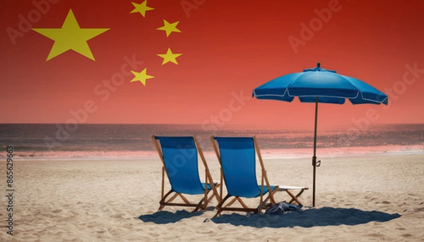 Obraz Two blue beach chairs and an umbrella await, inviting travelers to experience a relaxing China beach vacation