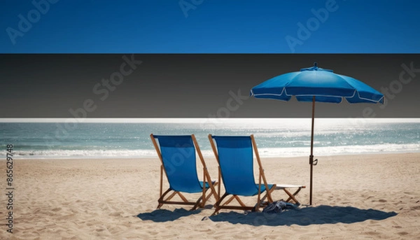Fototapeta Two blue beach chairs and an umbrella await, inviting travelers to experience a relaxing Estonia beach vacation