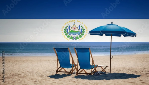 Fototapeta Two blue beach chairs and an umbrella await, inviting travelers to experience a relaxing El Salvador beach vacation