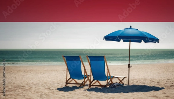 Fototapeta Two blue beach chairs and an umbrella await, inviting travelers to experience a relaxing Hungary beach vacation