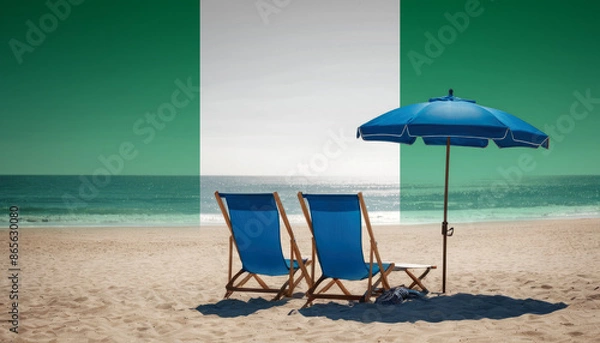 Fototapeta Two blue beach chairs and an umbrella await, inviting travelers to experience a relaxing Nigeria beach vacation