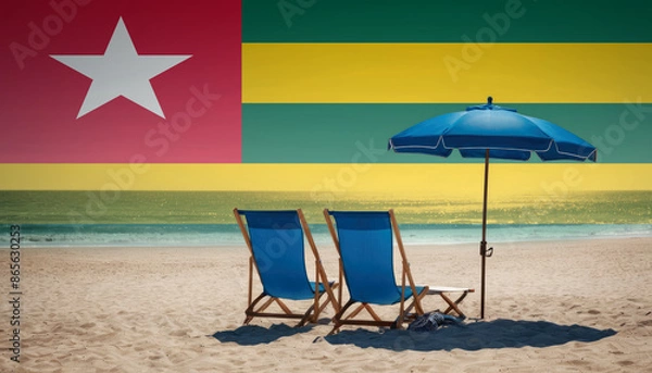 Fototapeta Two blue beach chairs and an umbrella await, inviting travelers to experience a relaxing Togo beach vacation