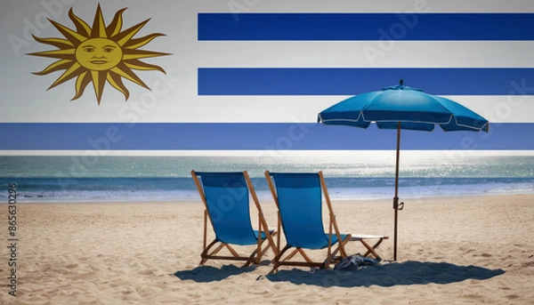 Fototapeta Two blue beach chairs and an umbrella await, inviting travelers to experience a relaxing Uruguay beach vacation