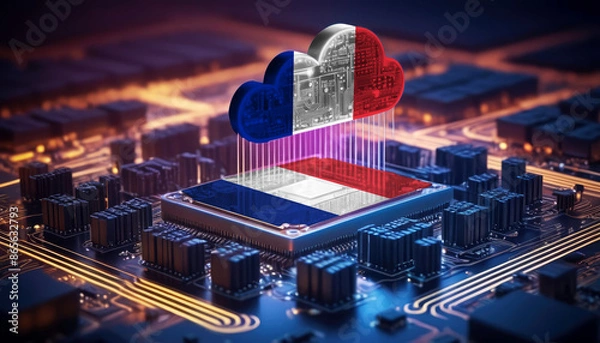 Fototapeta Technology soaring, a France flag-themed cloud hovers above a processor, symbolizing innovation in the digital age