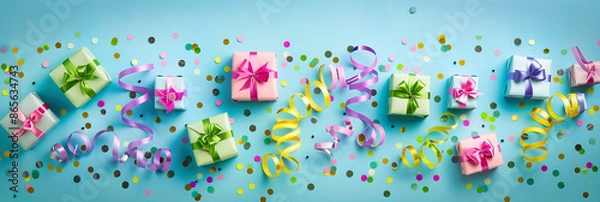 Fototapeta Colorful Gift Boxes with Confetti and Ribbons Celebration
