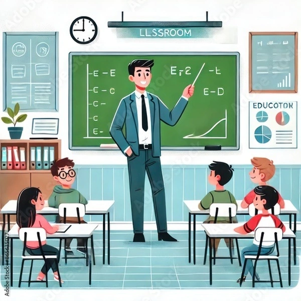 Fototapeta Teacher Engaging Students in Classroom Setting with Blackboard and Educational Charts