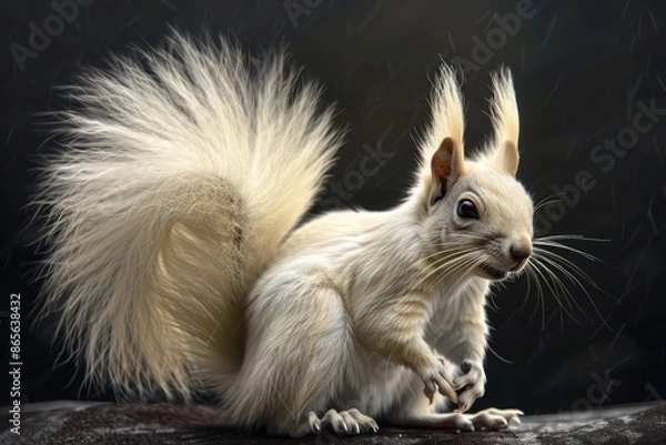 Fototapeta An artistic image of a white squirrel, its fluffy tail and curious eyes highlighted against a dark charcoal backdrop. The squirrel's playful nature and detailed fur texture are vividly captured.