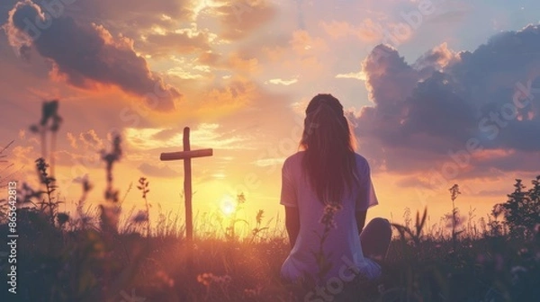 Fototapeta Woman in contemplation looking at cross in the sky, seeking solace and spirituality