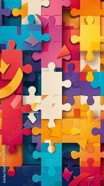 Fototapeta Colorful puzzle pieces with arrows and charts representing business strategy and market analysis. Ideal for teamwork and problem-solving concepts