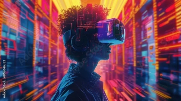 Fototapeta User experiencing mixed reality through a VR headset capturing immersive AR experiences