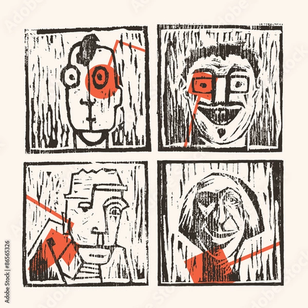 Fototapeta Linocut abstract characters 