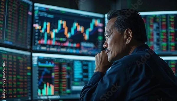 Fototapeta Financial analysts in a sleek office, studying multiple monitors displaying realtime stock charts and market trends