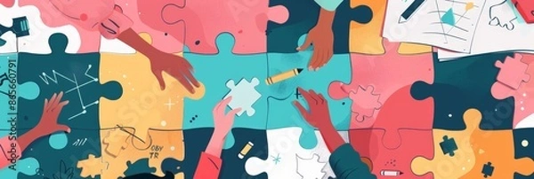 Fototapeta Diverse group of hands assembling a colorful puzzle on a large table. Inclusivity and collaboration concept. Ideal for presentations on diversity, teamwork, and problem-solving in business