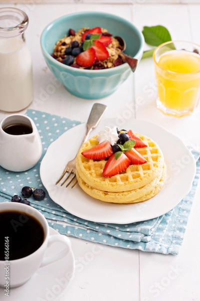 Fototapeta Breakfast waffles with fresh berries