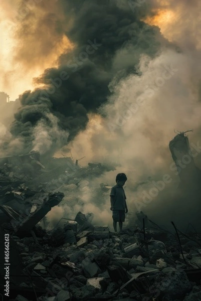 Fototapeta A person standing in front of a pile of rubble with debris scattered around
