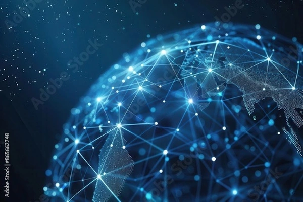 Fototapeta abstract digital network interconnected nodes forming a globe data streams geometric patterns deep space background blue and white color scheme futuristic aesthetic