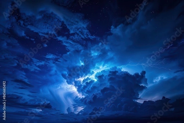 Fototapeta dramatic night sky illuminated by vivid lightning strike deep blueblack storm clouds electric blue flash emphasis on raw power of nature moody and atmospheric composition