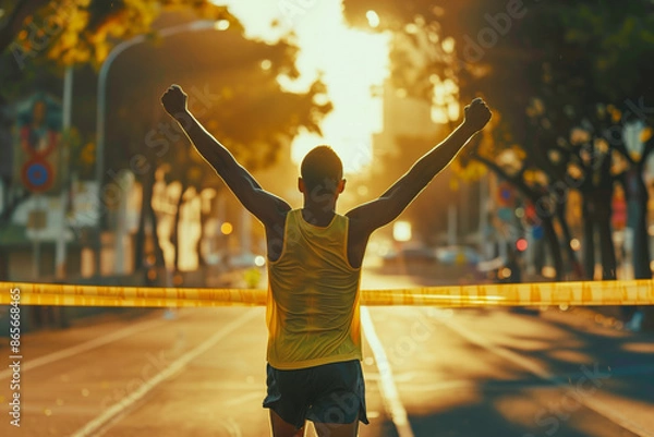 Obraz Runner Crossing Finish Line in Victory at Sunrise Marathon