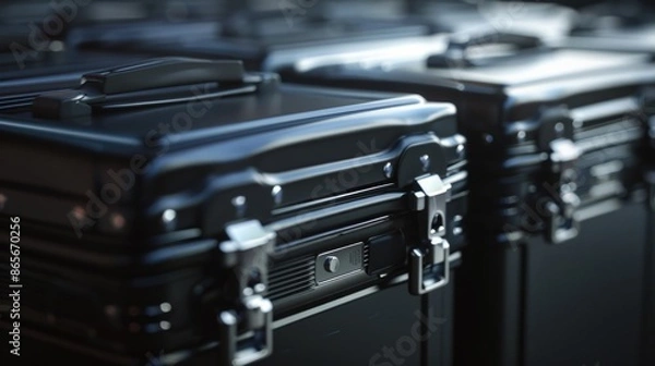 Obraz A collection of black suitcases stacked on a table, ready for travel or storage