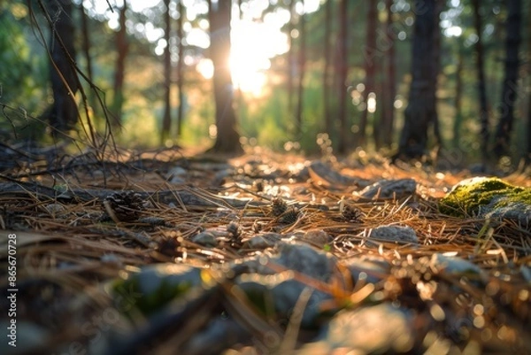 Fototapeta Spring forest floor fir branches