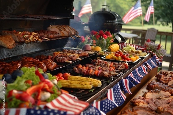 Obraz A large barbecue grill filled with a variety of food, surrounded by patriotic Labor Day decorations.