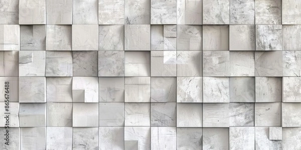 Fototapeta White gray grey 3d stone concrete cement tiles texture with square cubes mosaic tile background panorama banner long, seamless pattern