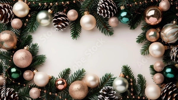 Fototapeta Vibrant Christmas tree branches covered in sparkling ornaments and twinkling lights, ample space in the middle for text or logo, evoking holiday cheer