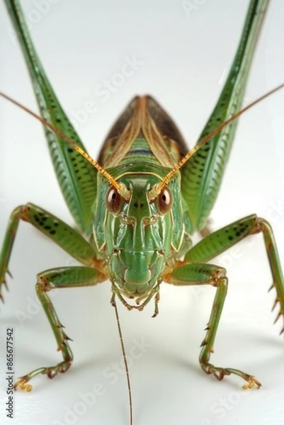 Fototapeta A close-up shot of a grasshopper sitting on a white surface