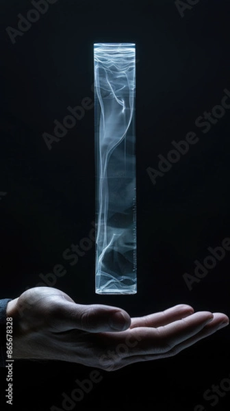 Fototapeta A hand reaches up towards a glowing glass cylinder filled with smoke, against a dark background. The cylinder appears to be floating